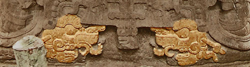 A close up of Jade Sky's heels on Stele K at Quirigua