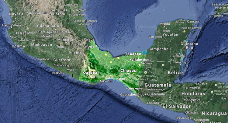 A satellite image highlighting the isthmus of Mexico